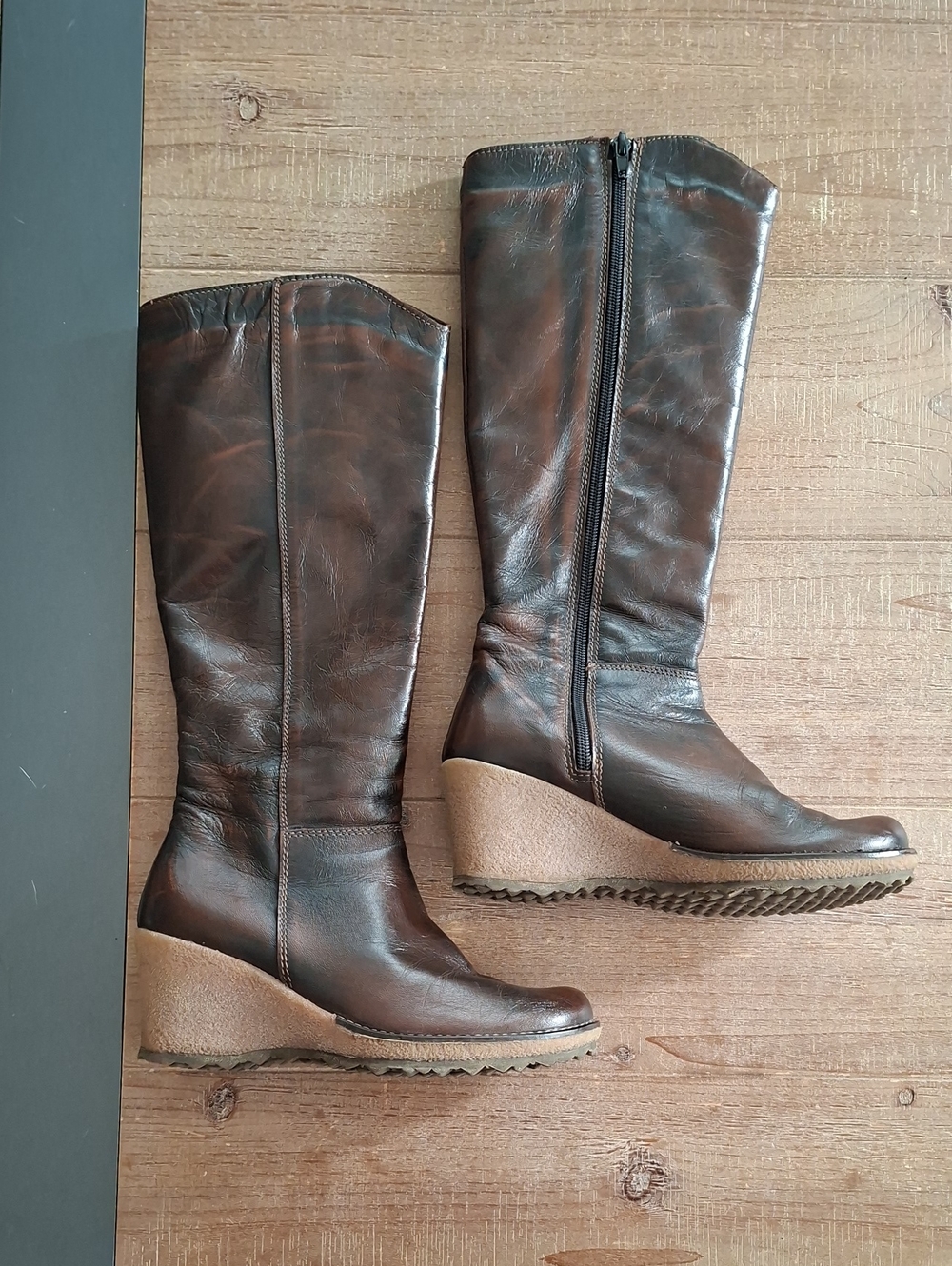 Classic Chocolate Brown Tall/Knee-high Leather Wedge Boots (Size EU 37)